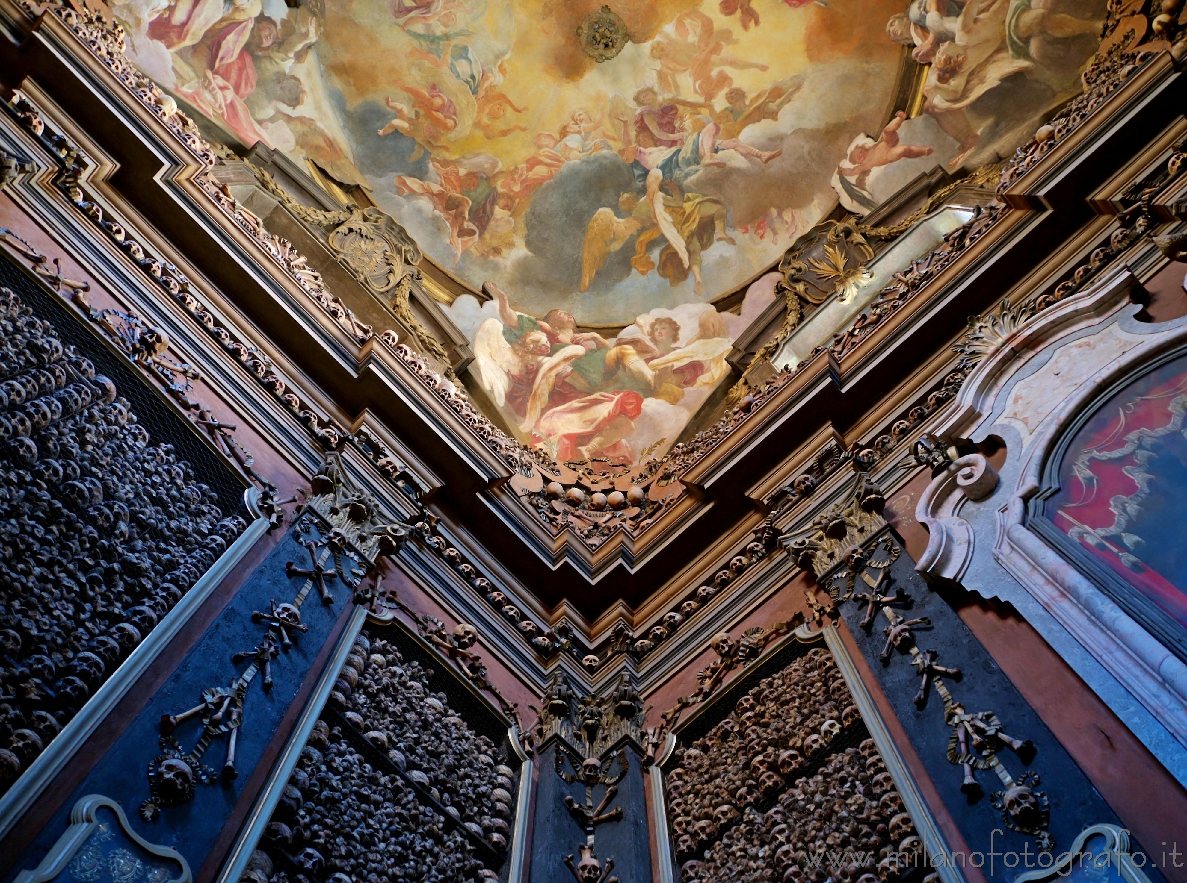 Milan (Italy) - The walls covered with bones of the ossary of San Bernardino alle Ossa